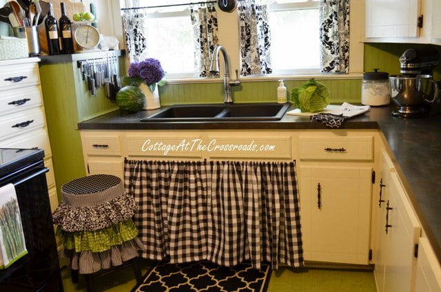 new sink, faucet, skirt, and stool