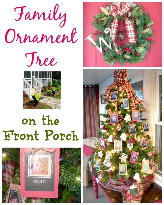 Christmas family ornament tree on  the porch | cottage at the crossroads