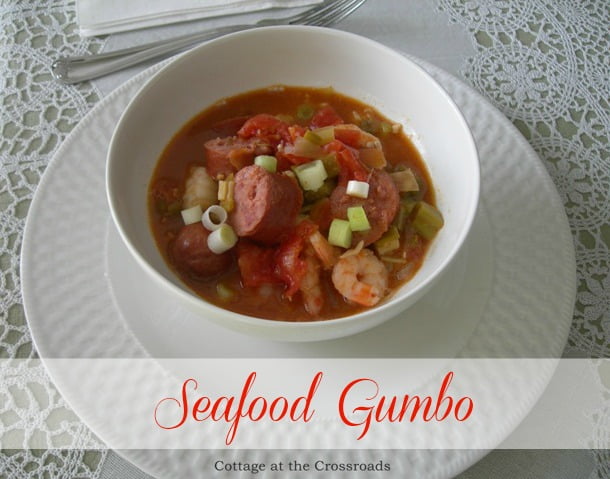 Seafood gumbo with label