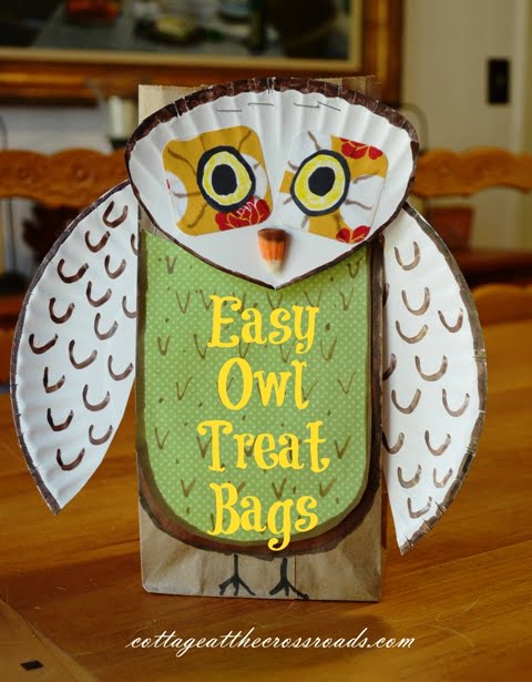 Owl made from a paper bag and paper plate