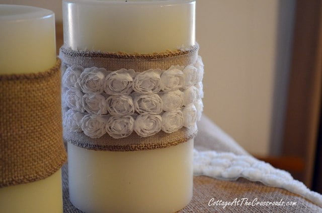 White roses trim on burlap