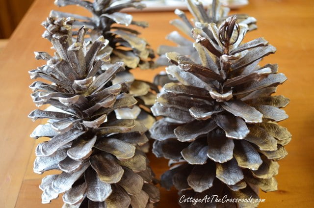 Pine cones spray painted with silver