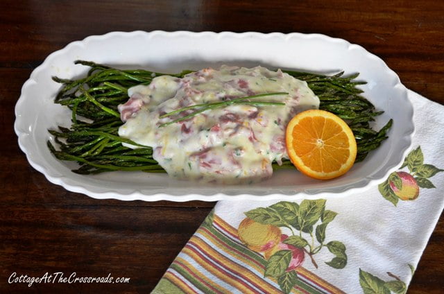 Roasted asparagus dressed with warm bechamel sauce