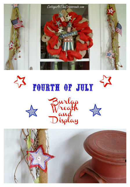 Fourth of july burlap wreath and display from cottage at the crossroads