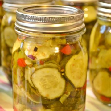 Jar of homemade zesty bread and butter pickles