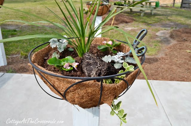 Flower baskets on wooden posts