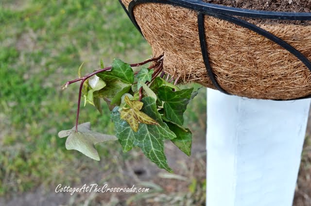 Flower baskets on wooden posts