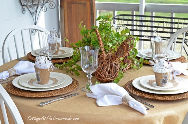 Bunny tablescape done in neutral colors | cottage at the crossroads