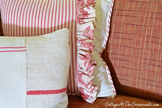 Toile, ticking, and grain sack pillows | cottage at the crossroads