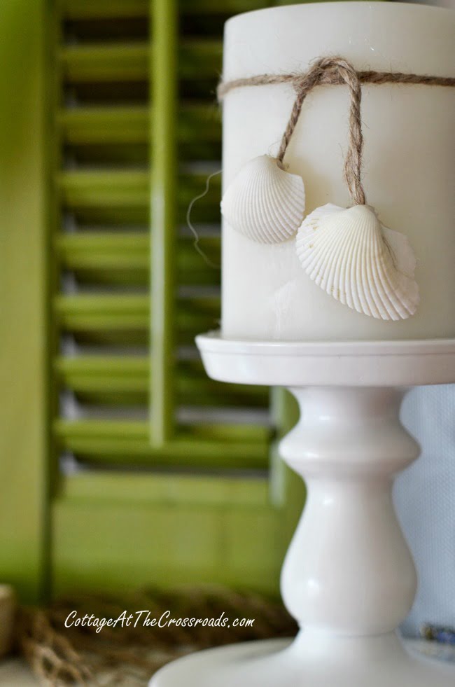 Embellished candle with twine and shells | cottage at the crossroads