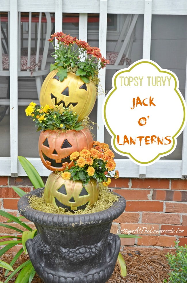 Topsy turvy jack-o'-lanterns made from plastic trick-or-treat pails