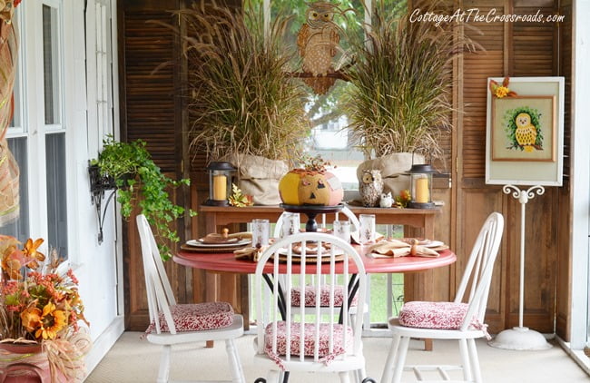 Owls on our fall porch | cottage at the crossroads