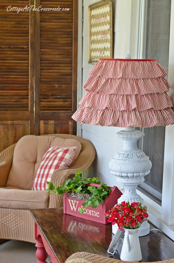 Red ticking ruffled shade | cottage at the crossroads