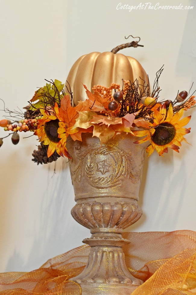 Painted urns on the fall mantel | cottage at the crossroads