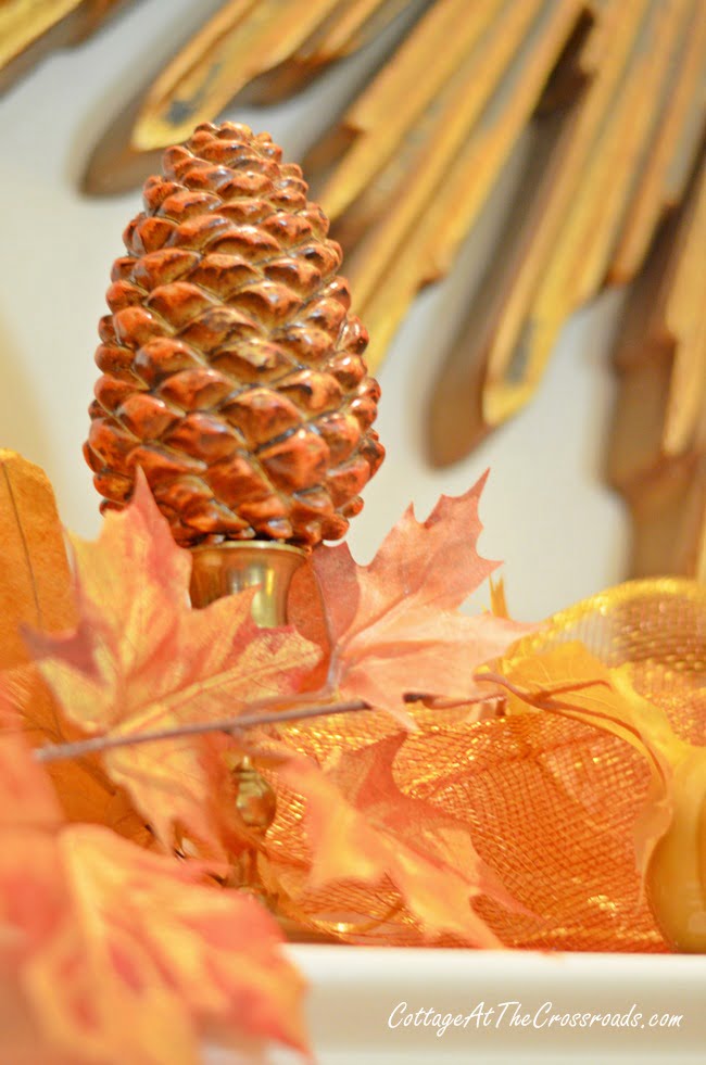 Painted urns on the fall mantel | cottage at the crossroads