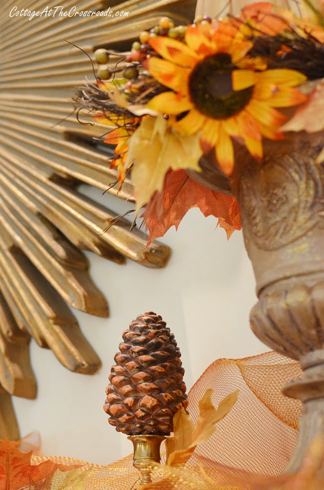 Painted urns on the fall mantel | cottage at the crossroads