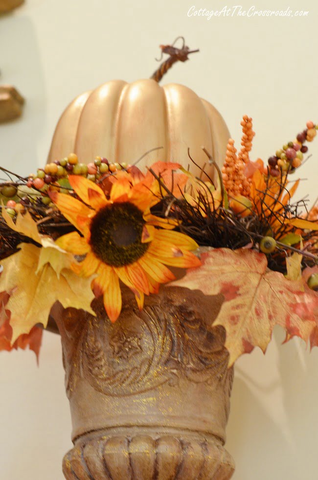 Painted urns on the fall mantel | cottage at the crossroads