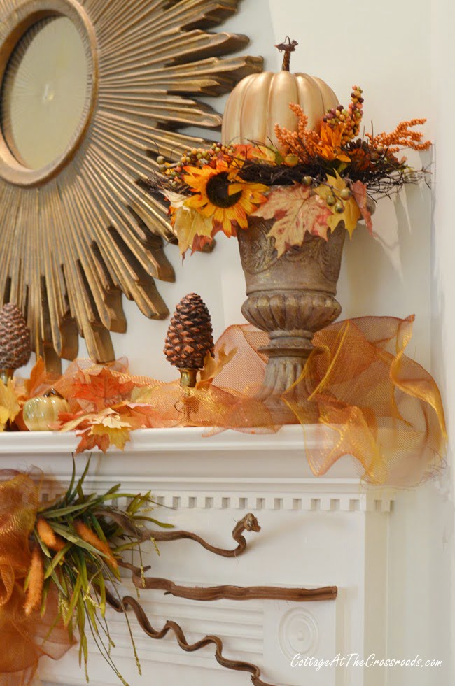 Painted urns on the fall mantel | cottage at the crossroads