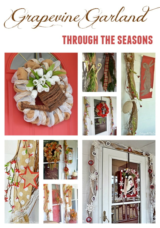 When i put up a grapevine garland two years ago, i had no idea that i would continue to  use it for so long. But it has become the base for all my seasonal decorating on the front porch of our little country cottage! | cottage at the crossroads