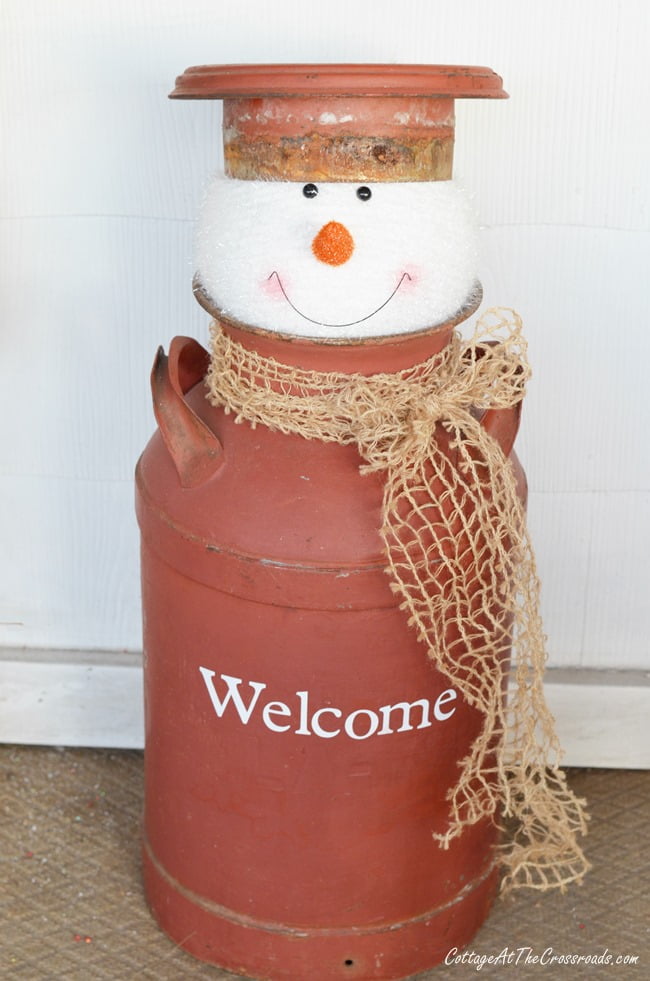 Milkcan snowman | cottage at the crossroads