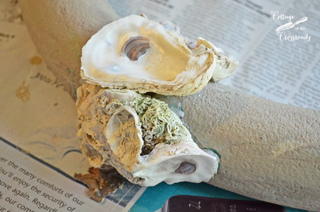 Attaching oyster shells to a pool noodle wreath | cottage at the crossroads