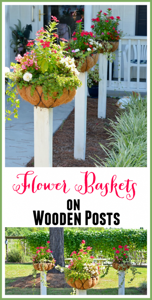 Flower Baskets on Wooden Posts