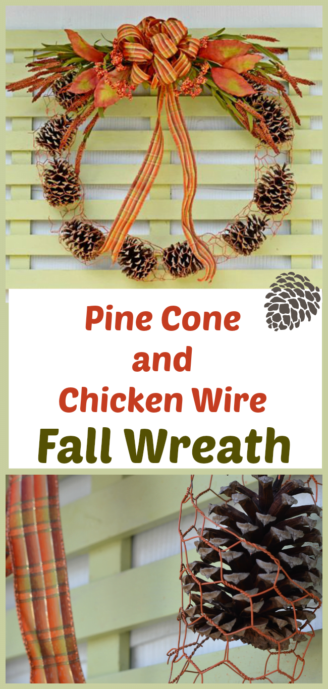 Chicken wire and pine cone fall outdoor wreath | cottage at the crossroads