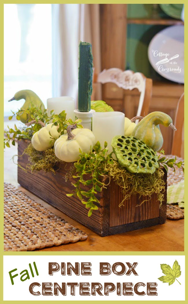 Pretty fall table centerpiece made in a pine box using nontraditional colors | cottage at the crossroads