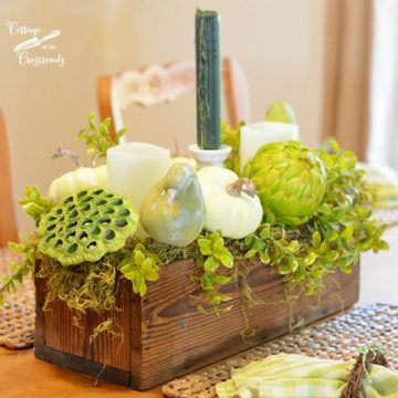 Pretty fall centerpiece made with a pine box using nontraditional colors | cottage at the crossroads