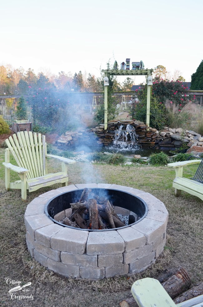 First fire in our new belgard fire pit | cottage at the crossroads