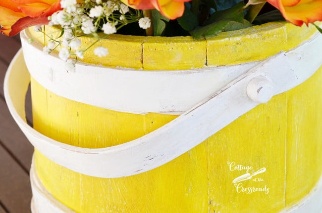 Yellow wooden firkin bucket | cottage at the crossroads