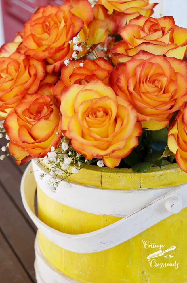 Yellow painted wooden sugar bucket | cottage at the crossroads