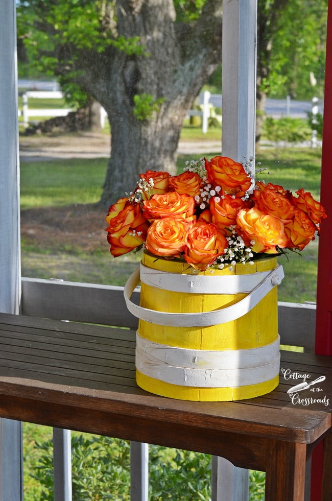 Yellow painted wooden firkin bucket | cottage at the crossroads