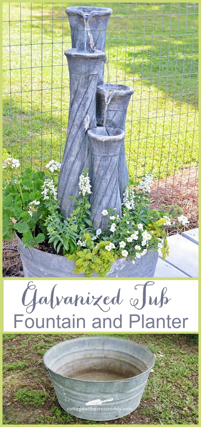 Galvanized tub fountain and planter | cottage at the crossroads