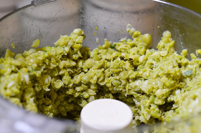 Fresh garden peas pulsed in a food processor