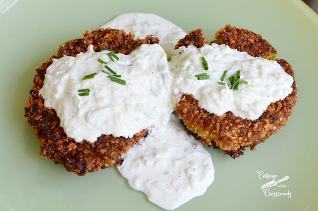 Garden pea fritters with fresh cucumber sauce