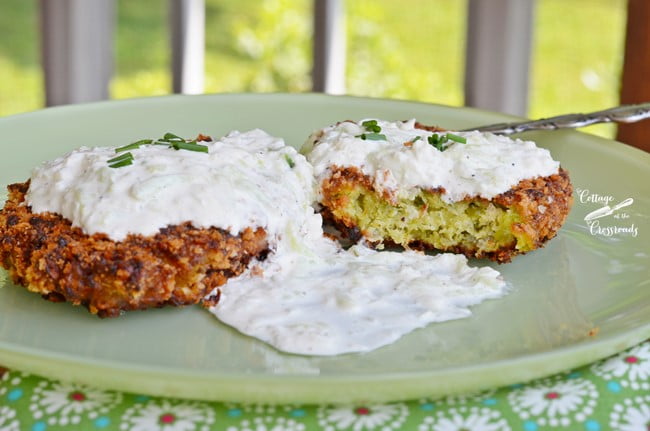 Garden pea fritters with fresh cucumber sauce | cottage at the crossroads