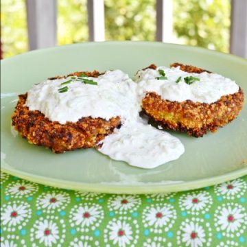 Garden pea fritters with fresh cucumber sauce