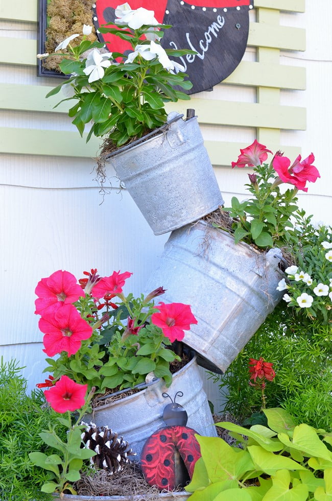 Topsy turvy galvanized bucket planter | cottage at the crossroads