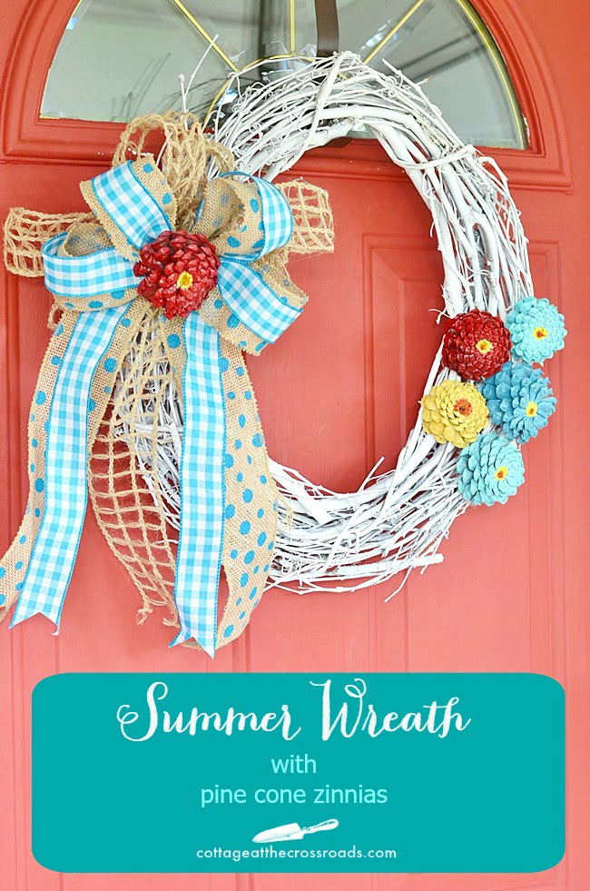 Summer wreath made with pine cone zinnia flowers