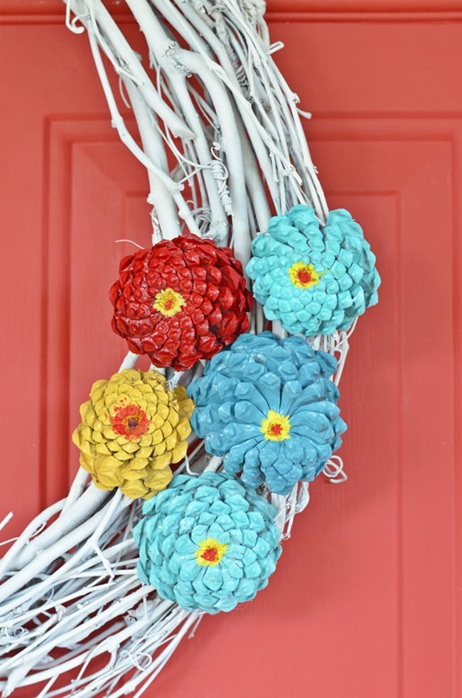 Zinnia flowers made from pinecones