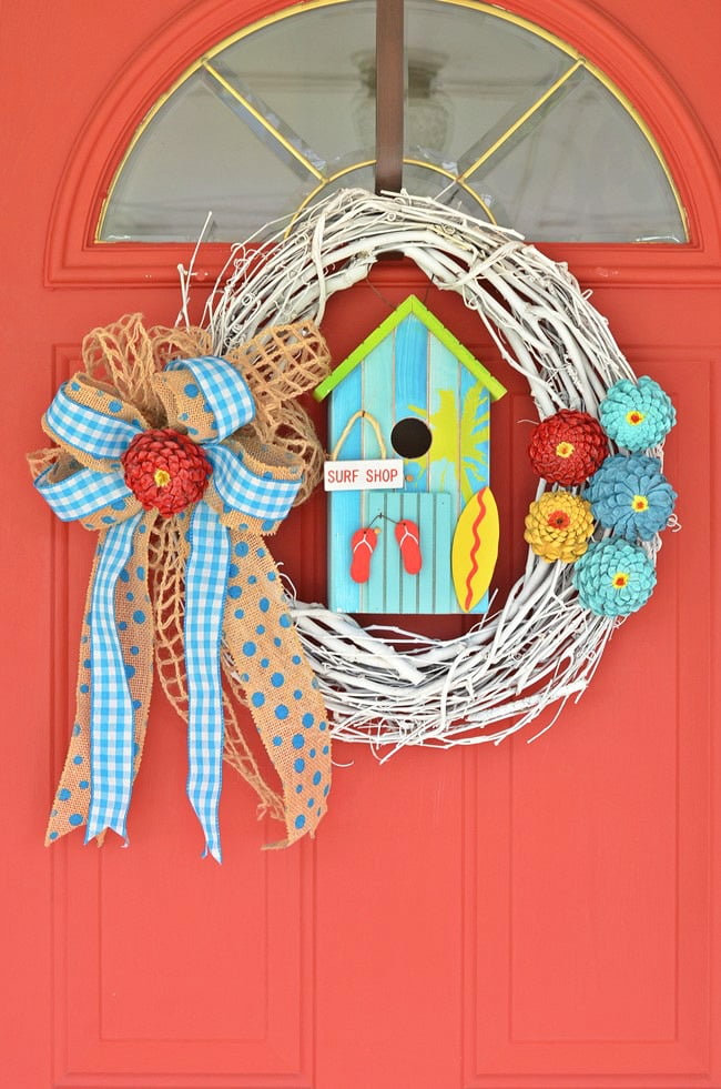 Summer wreath made with pine cone zinnias