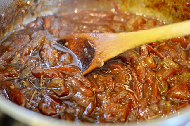 Thick, syrupy ingredients for making tomato jam