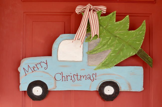 Blue vintage truck door decoration