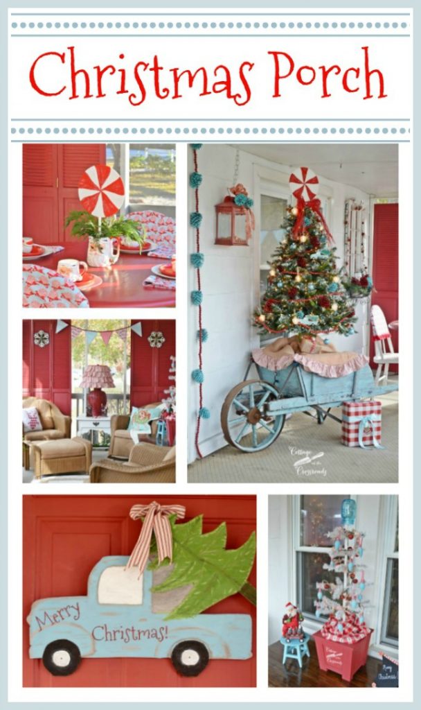 Retro red and aqua christmas porch from cottage at the crossroads