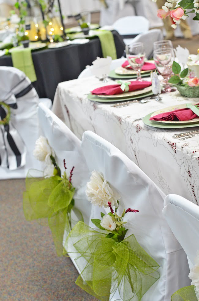 Chair covers at a church tablescape fundraiser