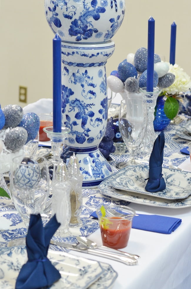 Blue and white easter tablescape