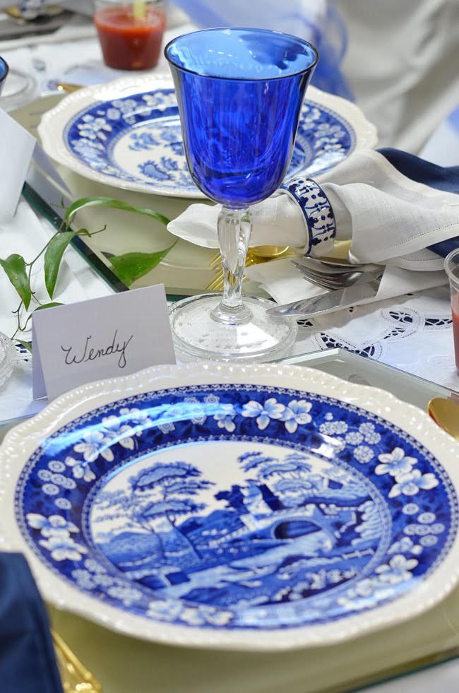 Blue and white transferware tablescape