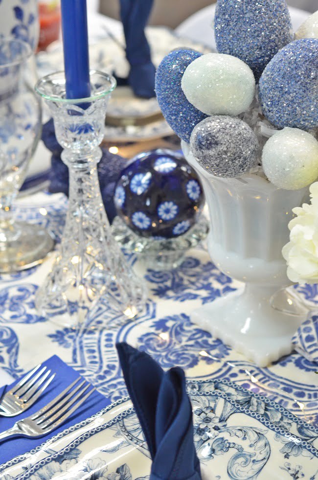Blue and white easter tablescape