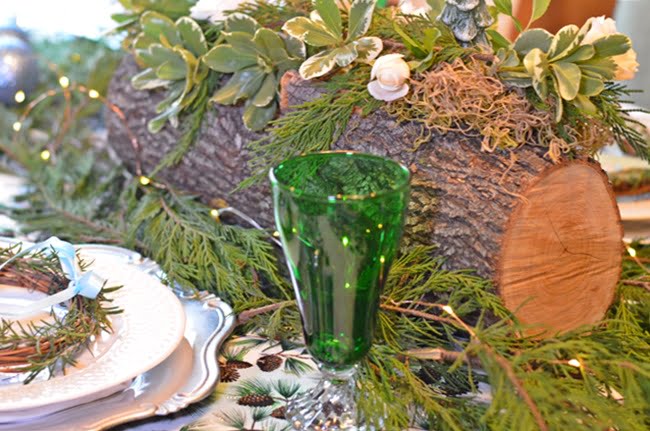 Vintage green stemware used in a christmas tablescape | cottage at the crossroads